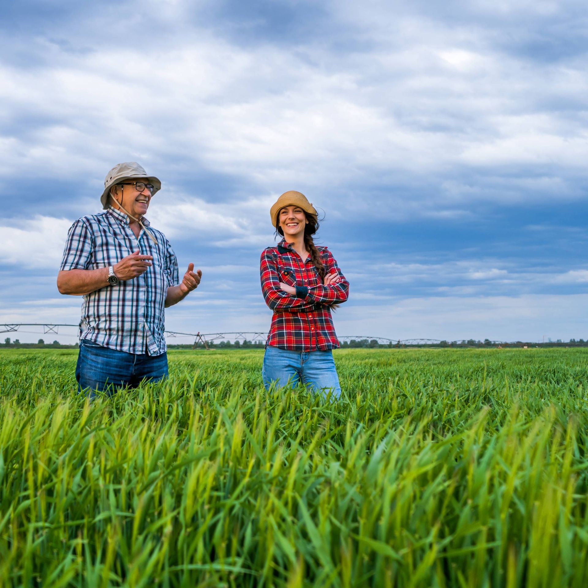 Image of two producers on a family farm talking in a field