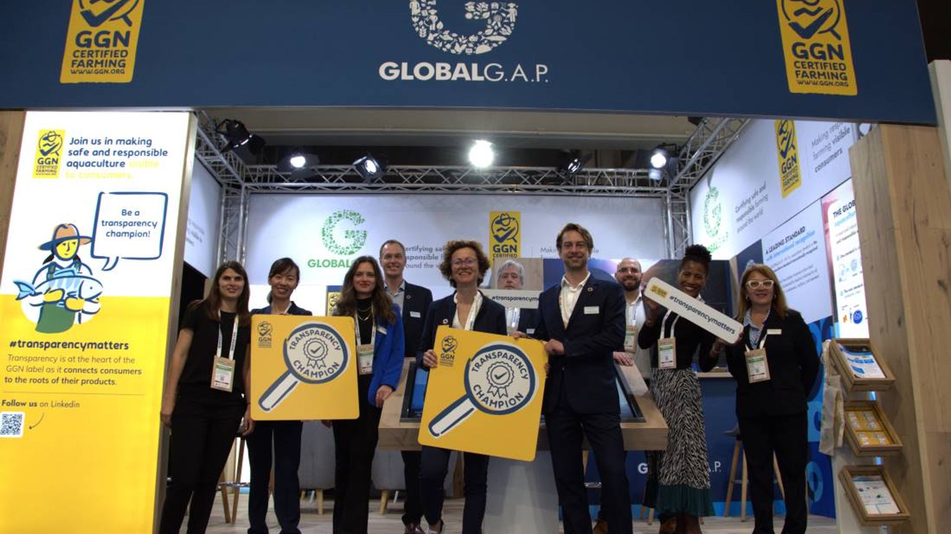Team members at the GLOBALG.A.P. booth at Seafood Exo Global trade fair in Barcelona, 2023