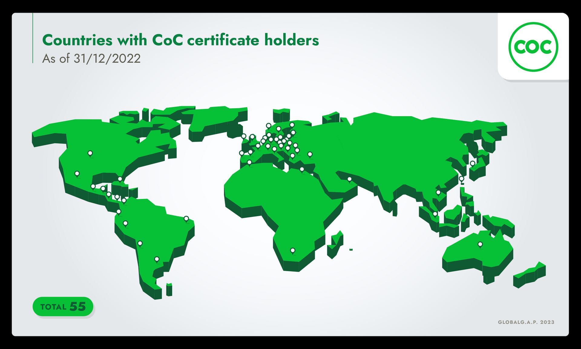 World map identifying countries with GLOBALG.A.P. Chain of Custody certificate holders