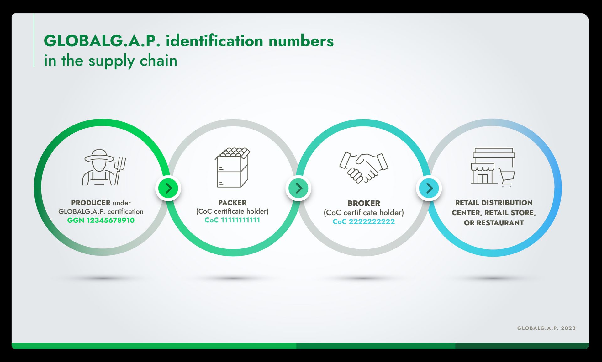Infographic showing an example of supply chain members and their unique GLOBALG.A.P. identification numbers