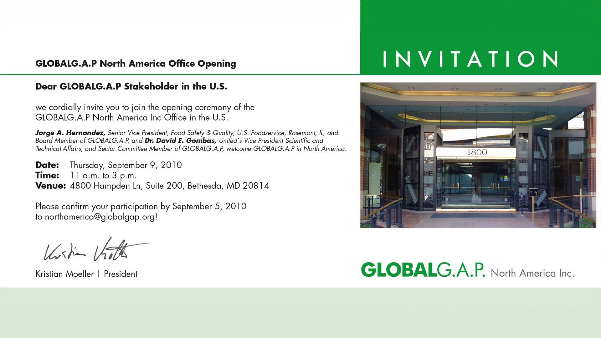 An invitation to the opening ceremony of the GLOBALG.A.P. North America Inc. office in 2010