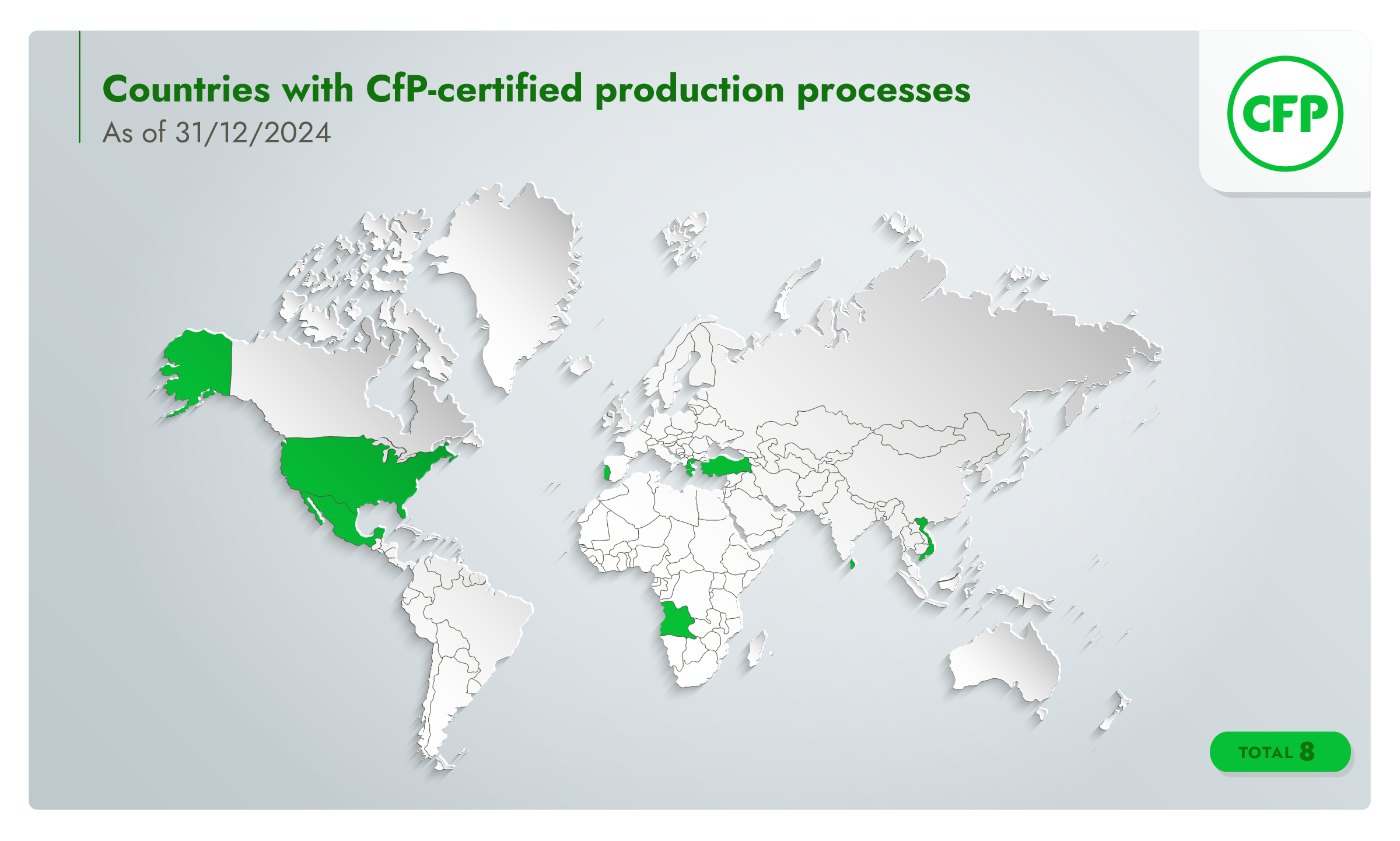 World map identifying countries with Crops for Processing certified production processes