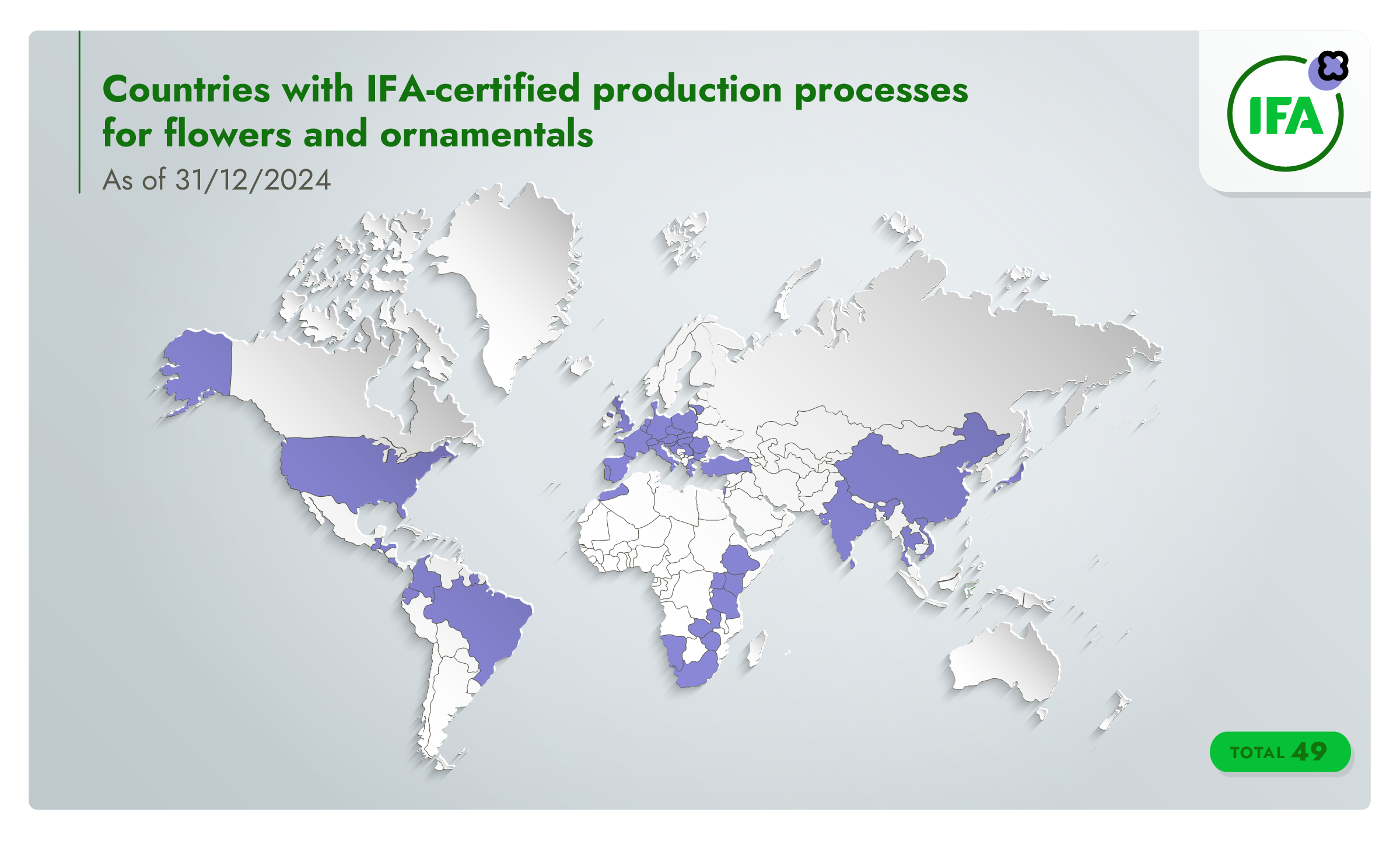 World map identifying countries with Integrated Farm Assurance certified production processes for flowers and ornamentals