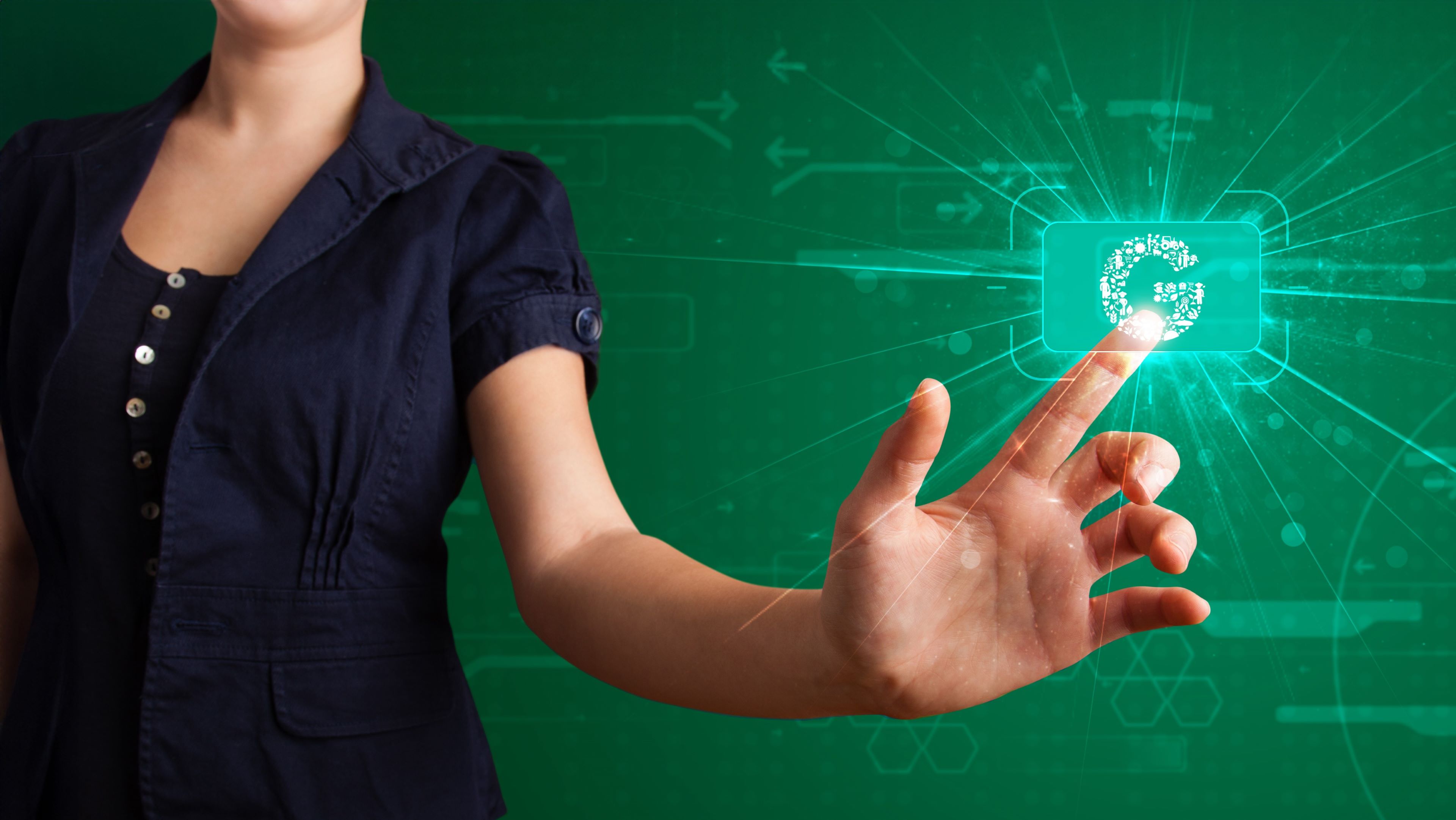 young woman pressing high tech virtual G button