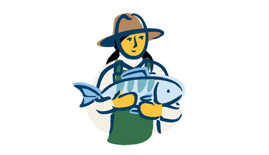 GGN label illustrated icon of a farmer holding a fish